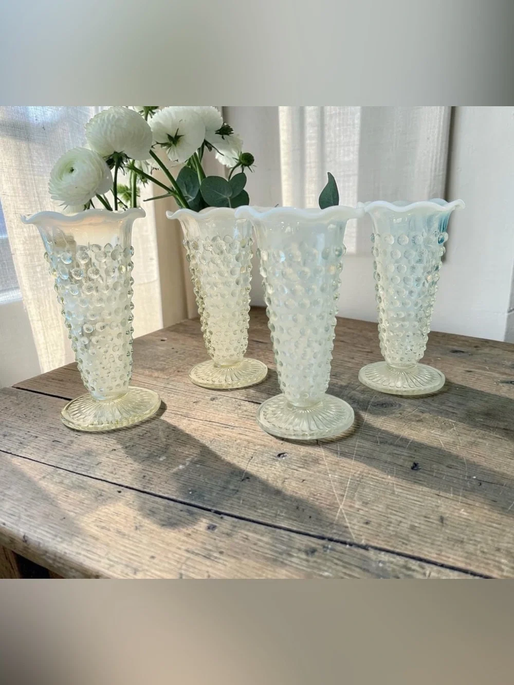 Vintage Anchor Hocking Moonstone Opalescent Hobnail Bud Vases Set of 4 Ruffled 5